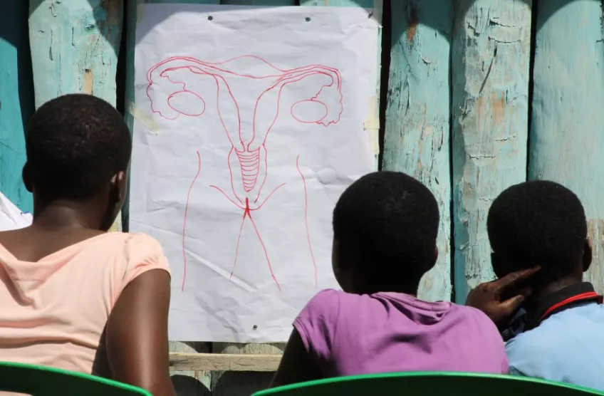 Three girls in front of drawing depicting female anatomy (Photo: Ann Åkerman9